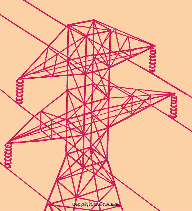 Minimalistic Line Art of a Power Transmission Tower on Orange Background