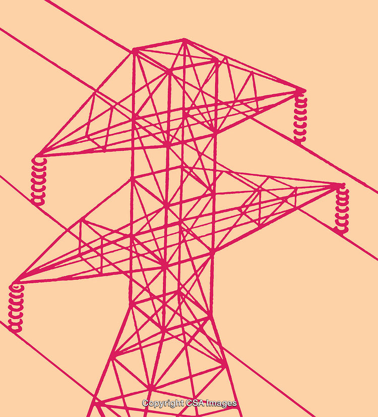 Minimalistic Line Art of a Power Transmission Tower on Orange Background