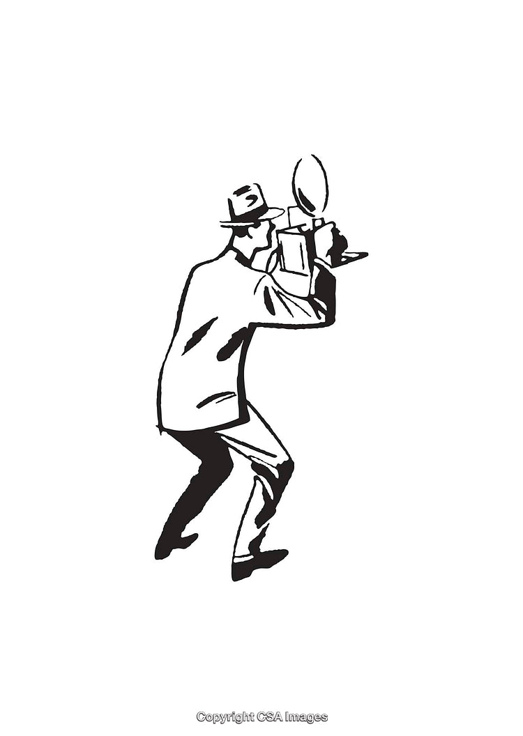 Vintage Black and White Line Art of Photographer in Action