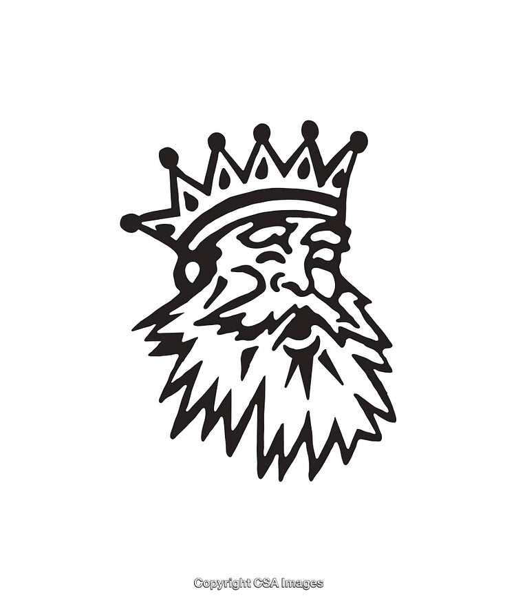 Black and White Line Art Depiction of a Crowned Bearded King Symbol