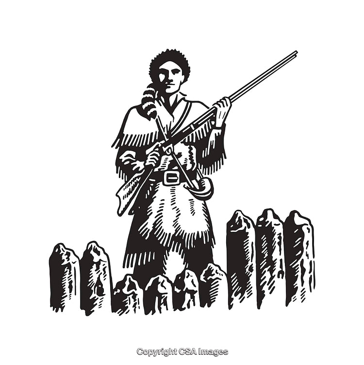 Vintage Style Black and White Pioneer Illustration with Firearm
