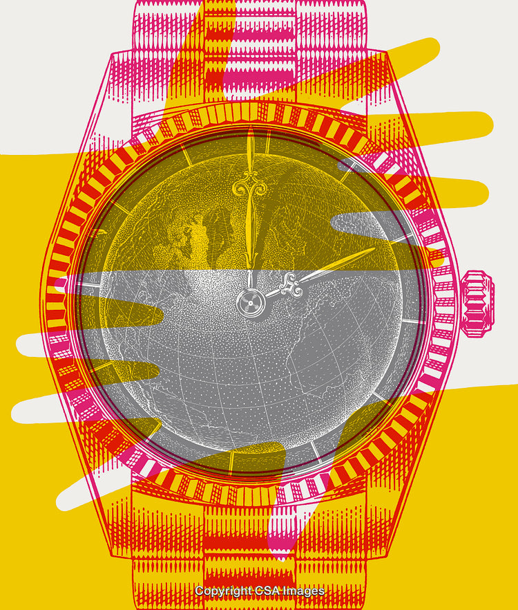 Colorful Abstract Illustration of Watch and Globe Design with Yellow Highlights
