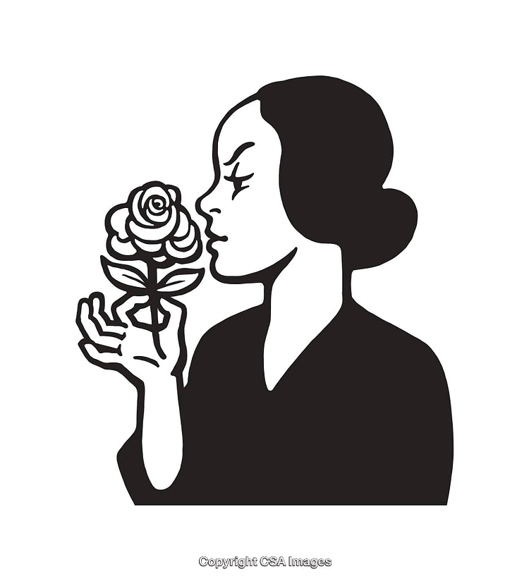 Elegant Black and White Illustration of a Woman Admiring a Rose