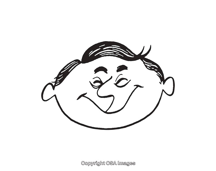 Smiling Cartoon Man Face in Black and White Line Art Illustration