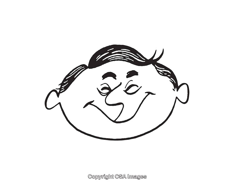 Smiling Cartoon Man Face in Black and White Line Art Illustration