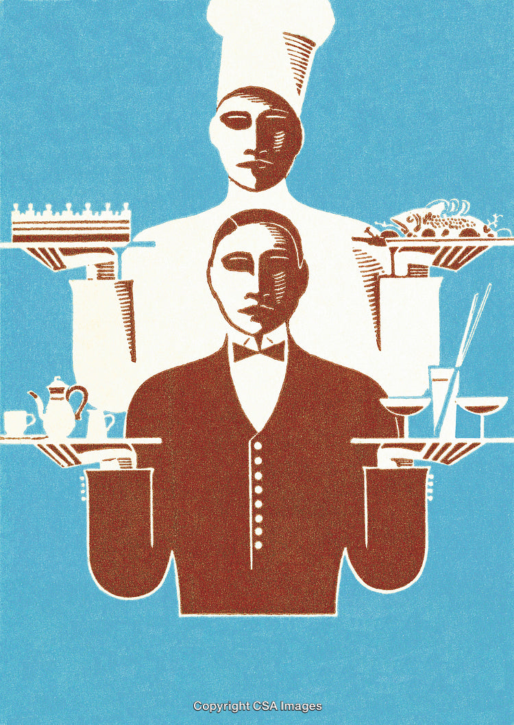 Artistic Depiction of Chef and Waiter Serving Elaborate Cuisine