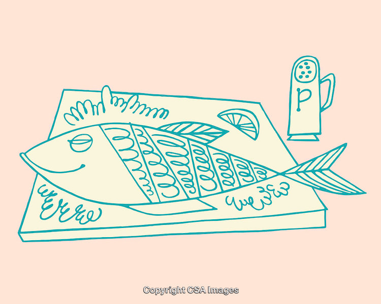Hand-Drawn Illustration of a Fish Dish with Lemon and Pepper