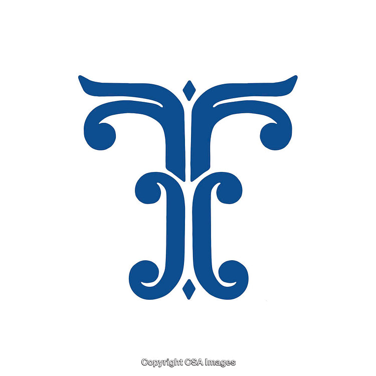 Stylized Letter T Design With Elegant Blue Flourishes on White Background