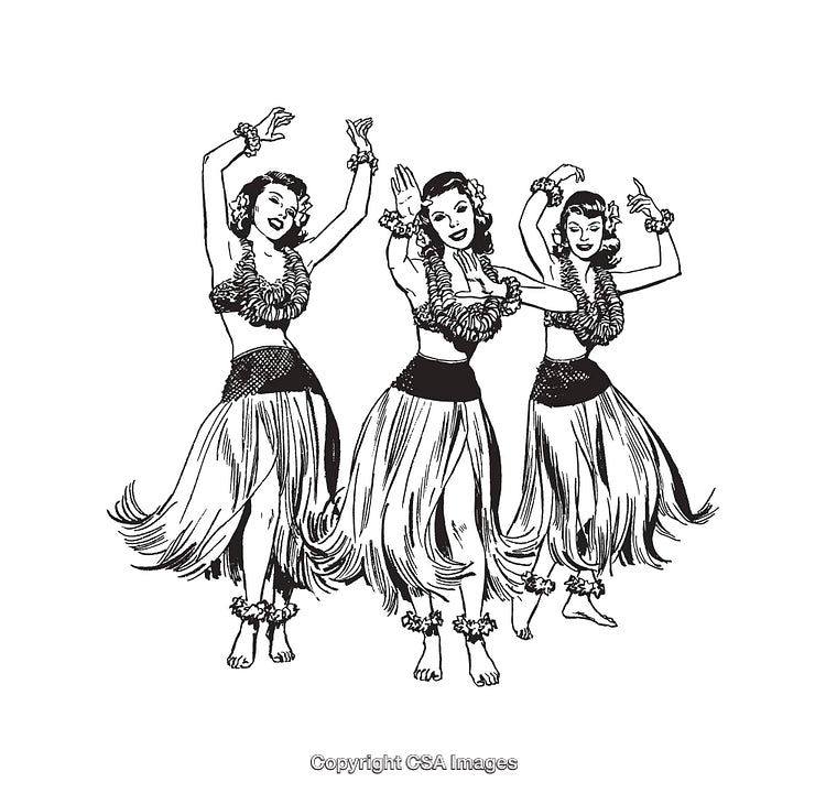 Black and White Illustration of Hawaiian Hula Dancers Performing Traditional Dance