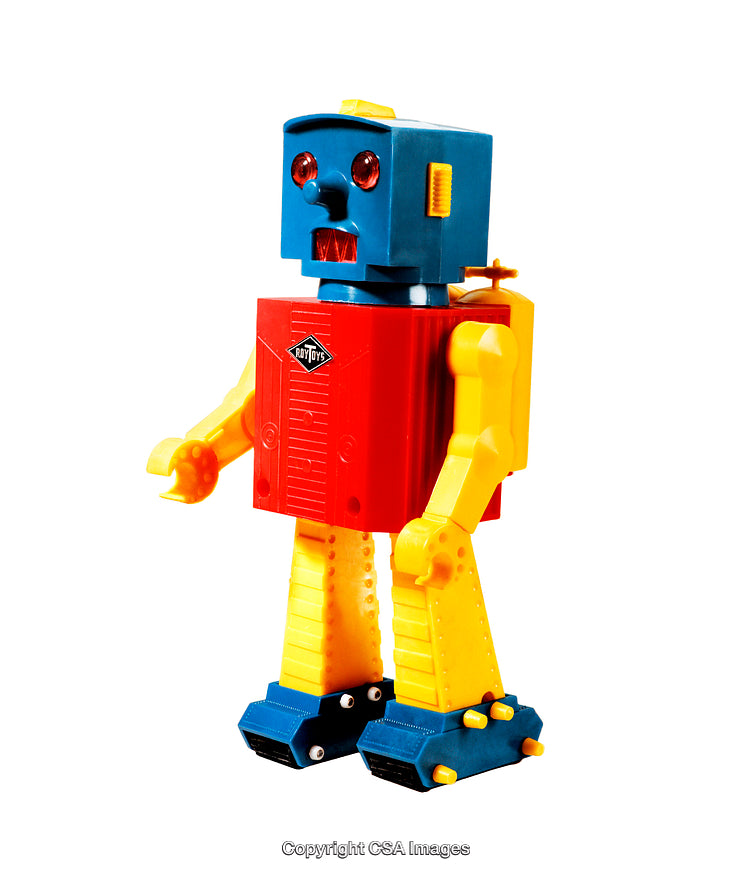 Colorful Vintage Robot Toy Standing on a White Background