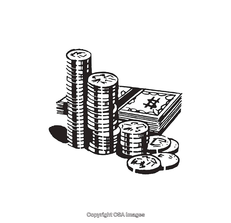 Black and White Illustration of Coins and Paper Money Stacks