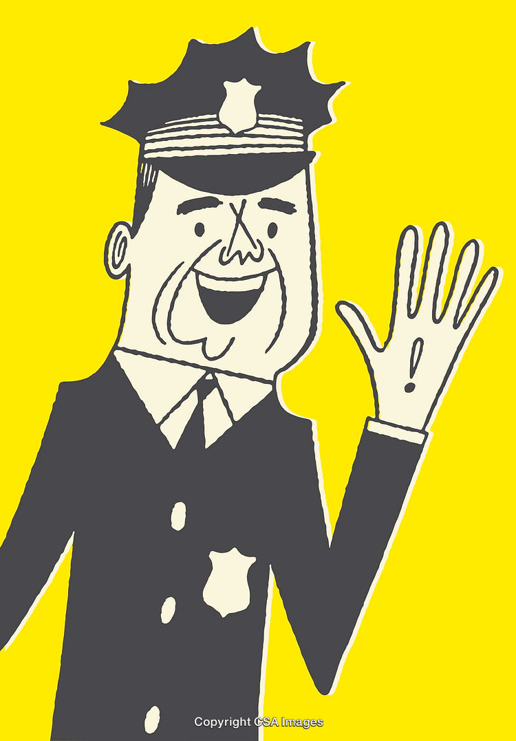Colorful Illustration of a Friendly Police Officer Greeting with a Wave