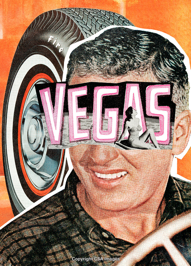 Retro Collage Featuring Vintage Man, Vegas Text, and Tire Art