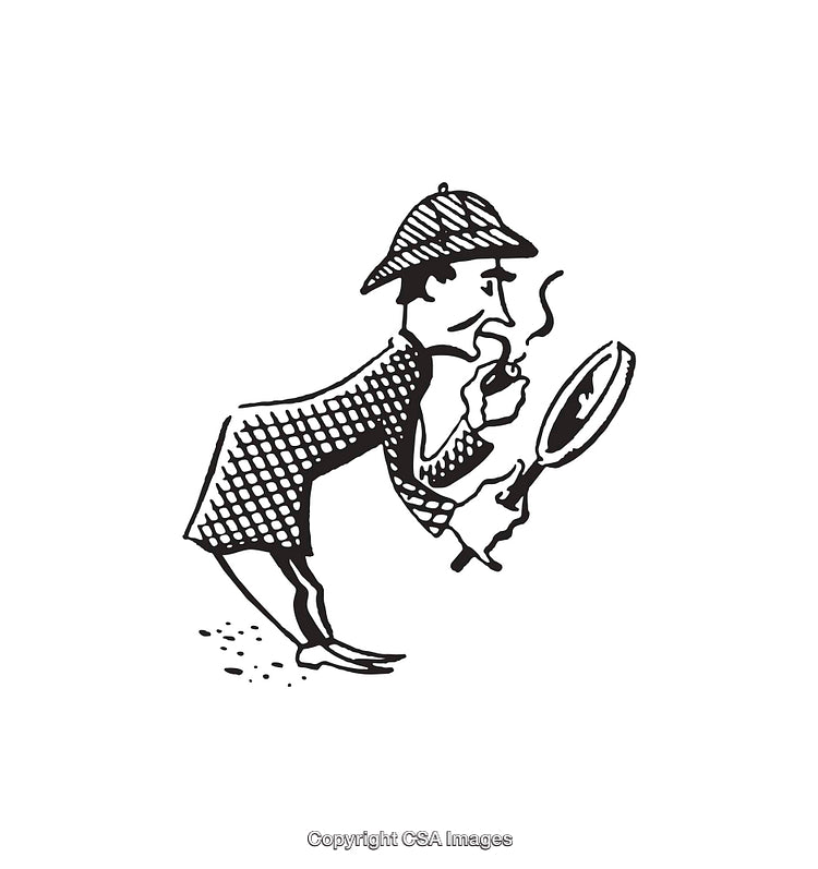 Black and White Illustration of Detective with Pipe and Magnifying Glass