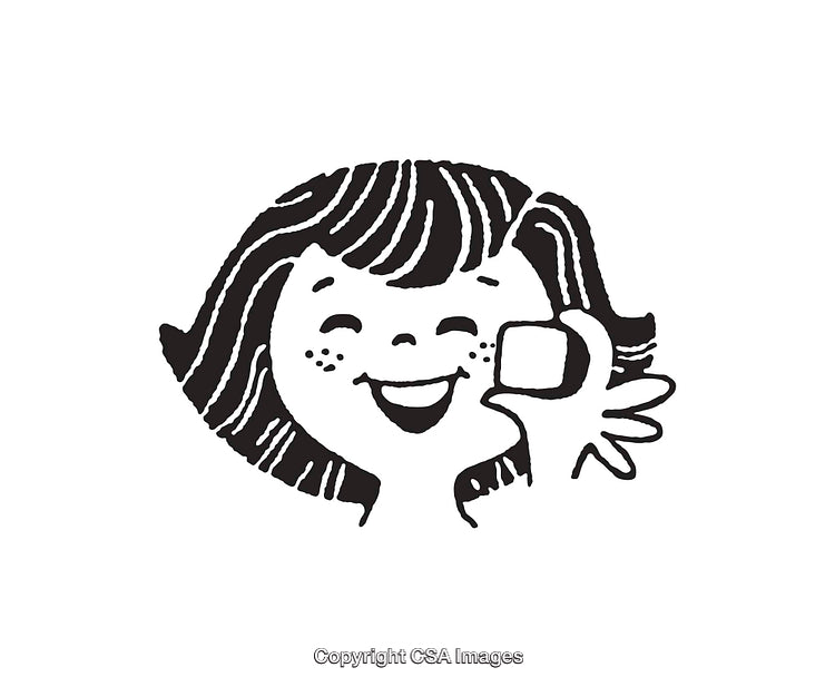 Black and White Cartoon Illustration of Smiling Girl with Freckles