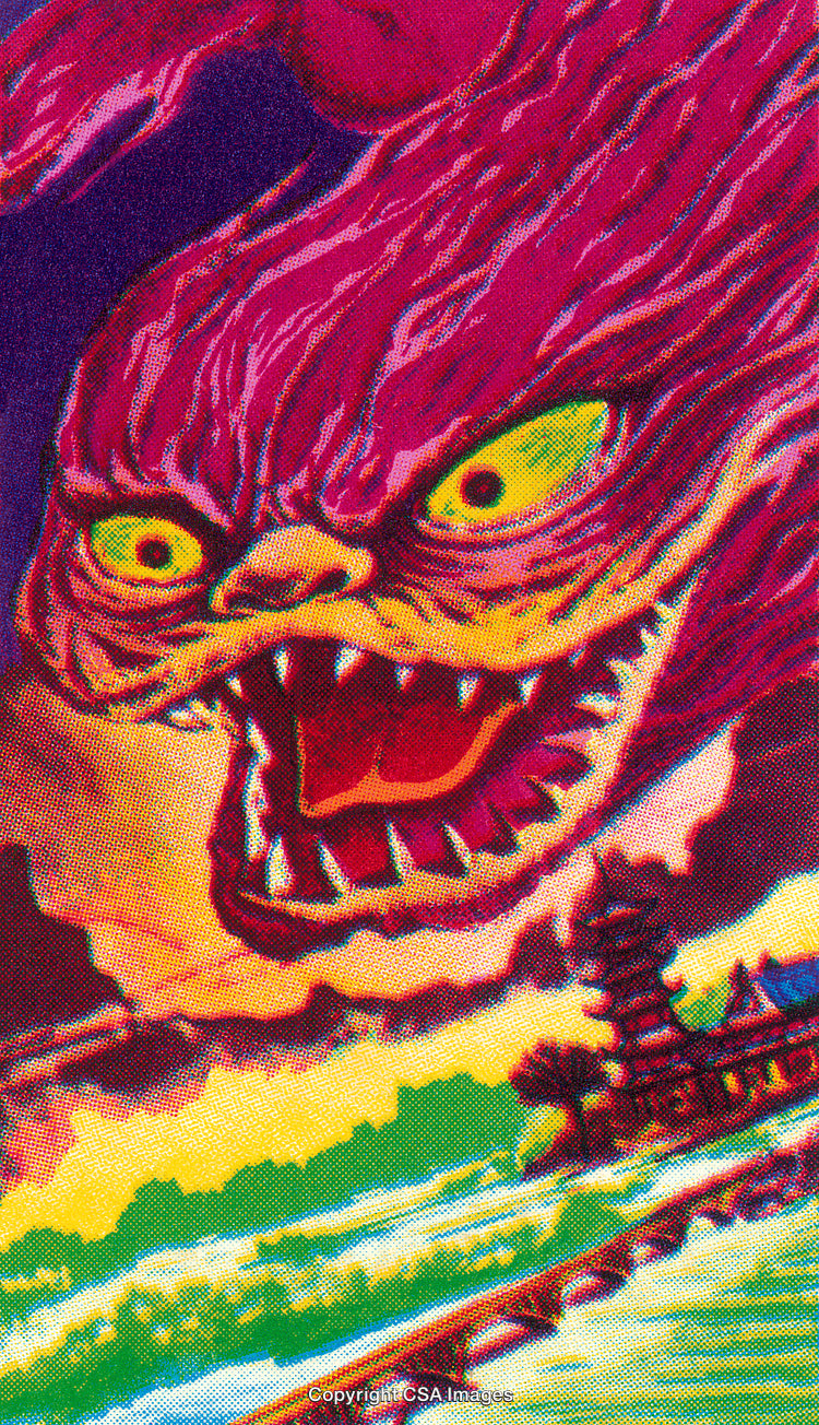 Vibrant Monster Illustration Featuring Fiery Colors and Intense Expression