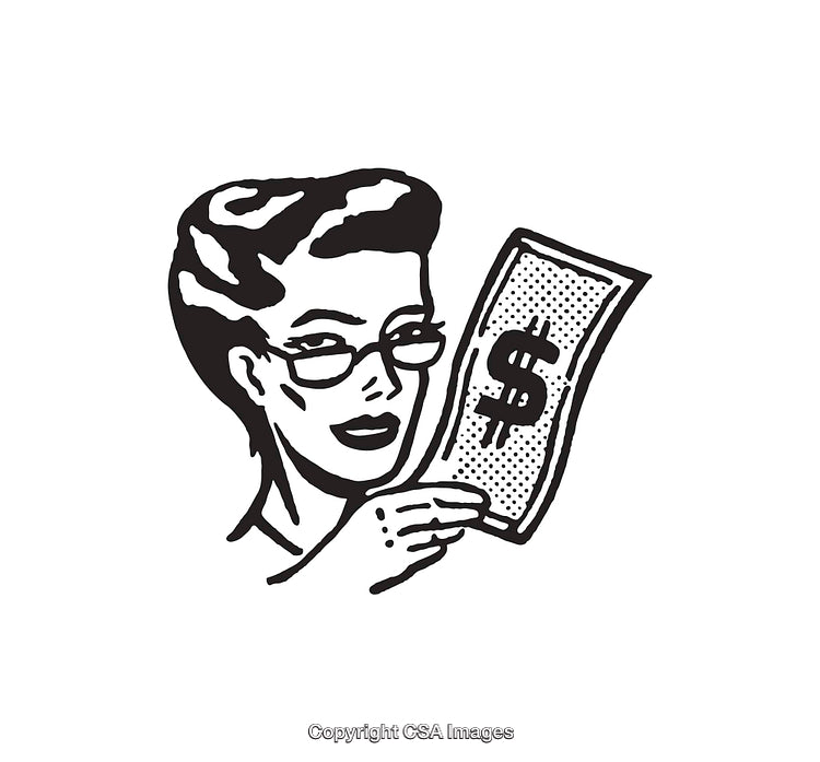 Retro Woman Holding Dollar Bill in Black and White Cartoon Style