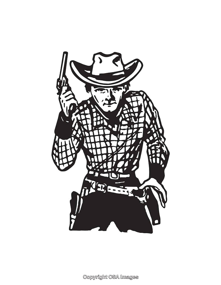 Black and White Illustration of a Retro Cowboy Holding a Gun