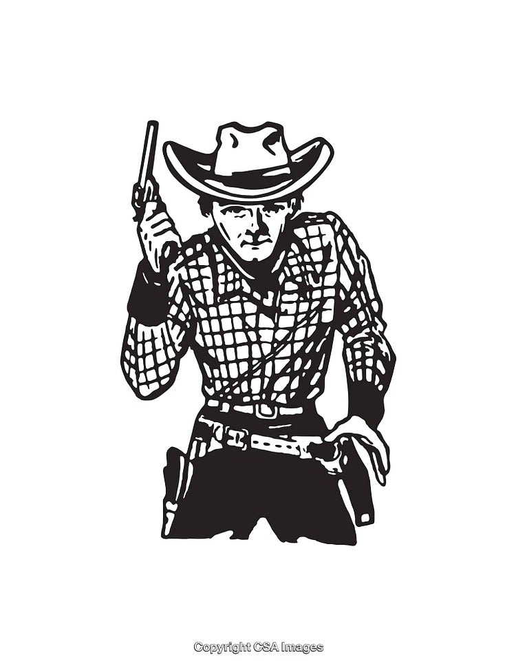 Black and White Illustration of a Retro Cowboy Holding a Gun