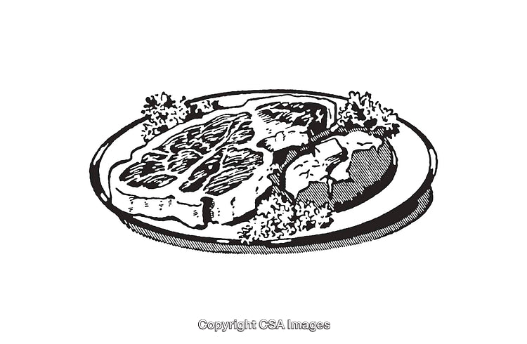 Retro Black And White Line Art of a Steak Dinner On Plate