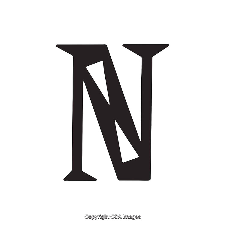 Stylized Black Letter N In Unique Geometric Typeface On White Background