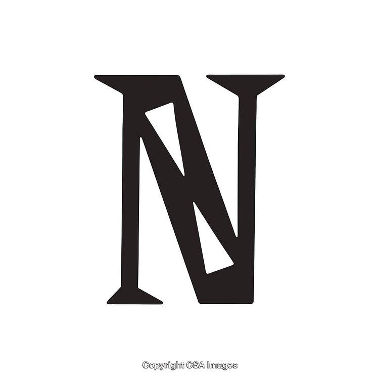Stylized Black Letter N In Unique Geometric Typeface On White Background