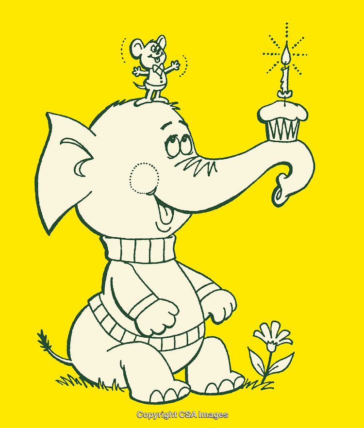 Cute Elephant and Mouse with Cupcake Birthday Illustration