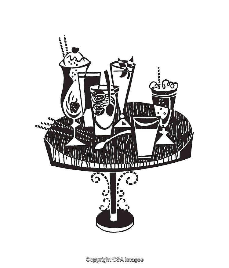 Black and White Line Art of Drinks on a Decorative Table
