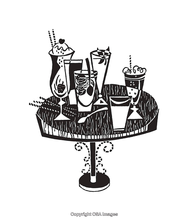 Black and White Line Art of Drinks on a Decorative Table