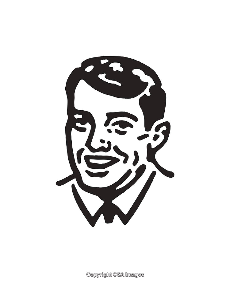Retro Black and White Illustration of a Smiling Businessman in Line Art