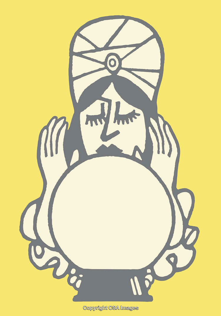 Illustrated Mystic Fortune Teller with Crystal Ball on Yellow Background