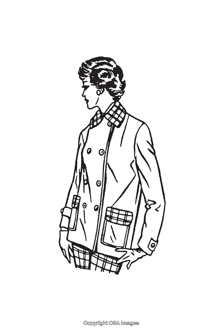 Elegant Woman in Vintage Double-Breasted Jacket with Pattern Details