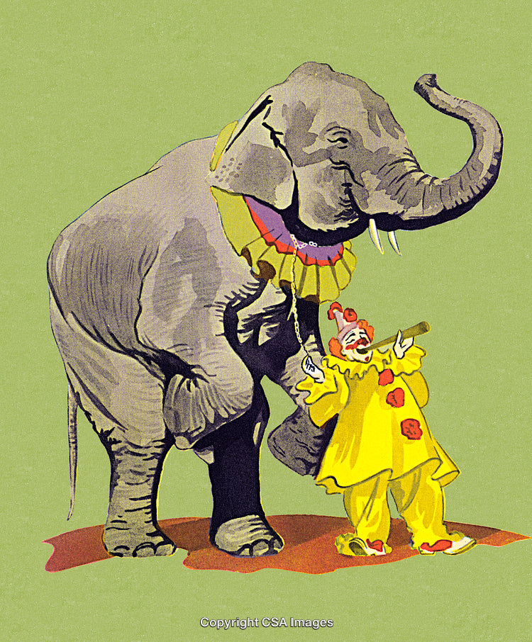Colorful Circus Scene Featuring an Elephant and a Cheerful Clown Performer