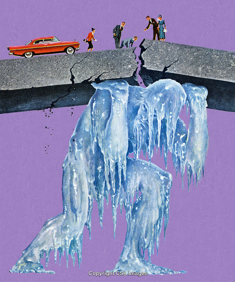 Surreal Scene of Icy Figure Beneath Cracked Road Holding People and Car