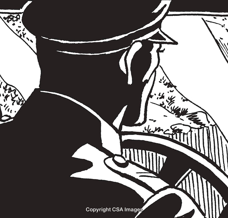 Monochrome Illustration of a Driver in Perspective With Scenic Background Details