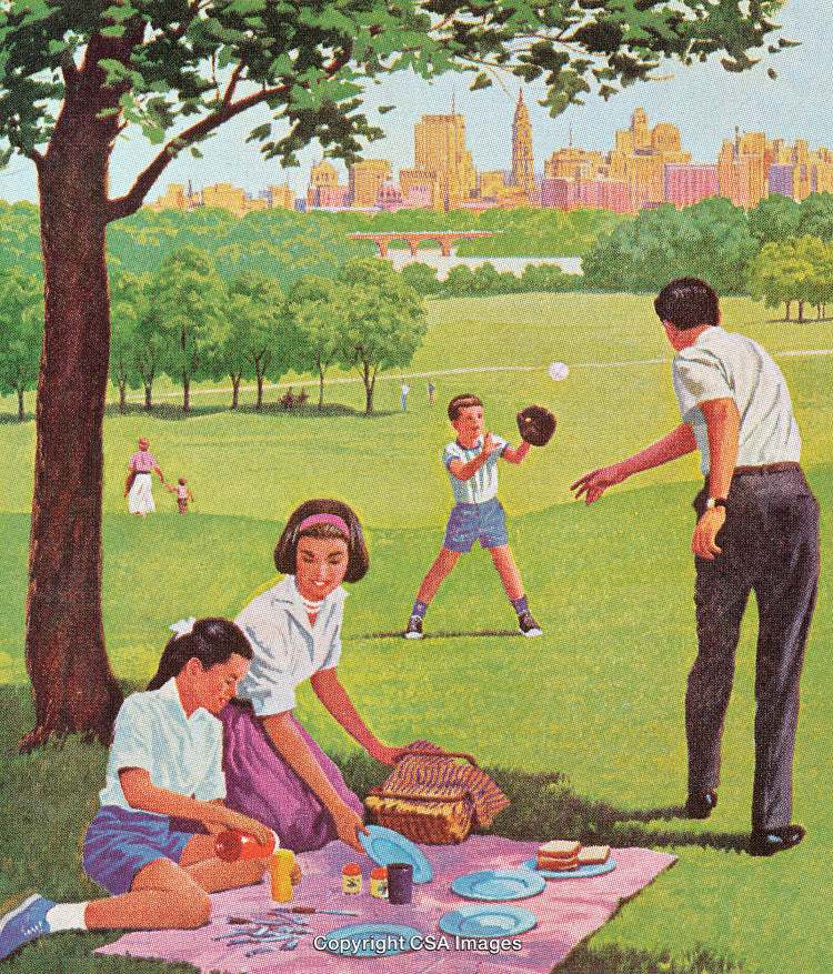 Family Enjoying a Sunny Picnic and Outdoor Activities in a Beautiful Park