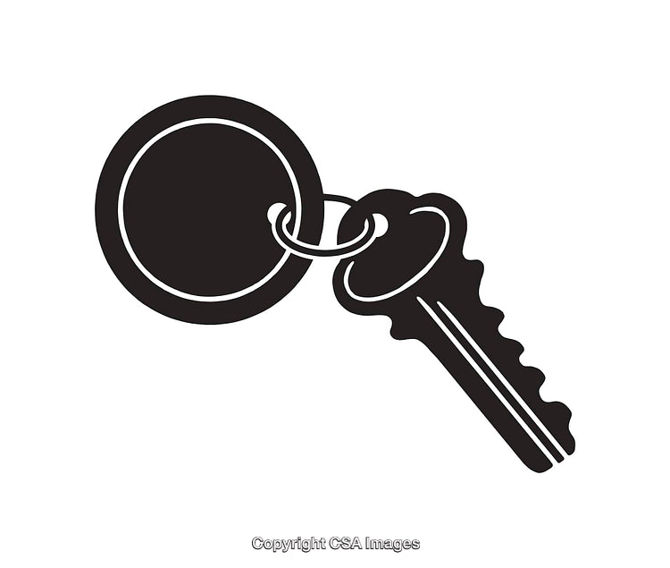 Black and White Line Art Illustration of a Key With Keychain