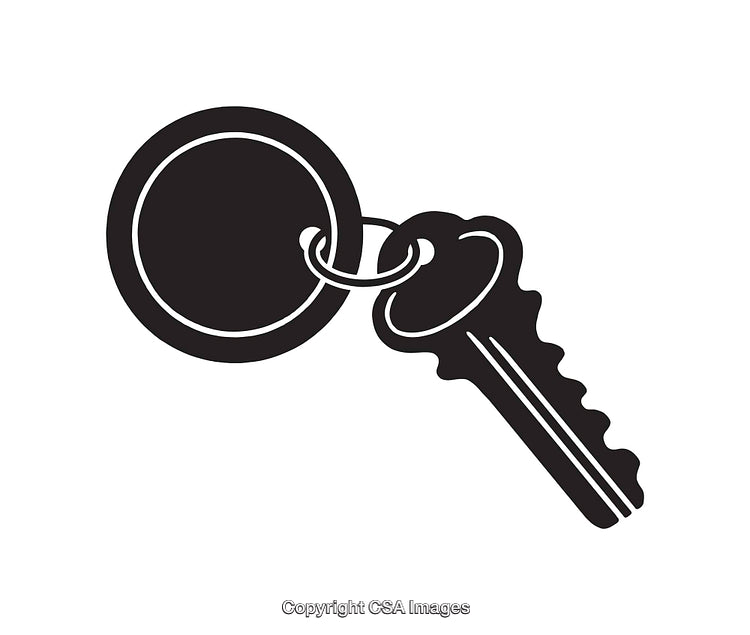 Black and White Line Art Illustration of a Key With Keychain