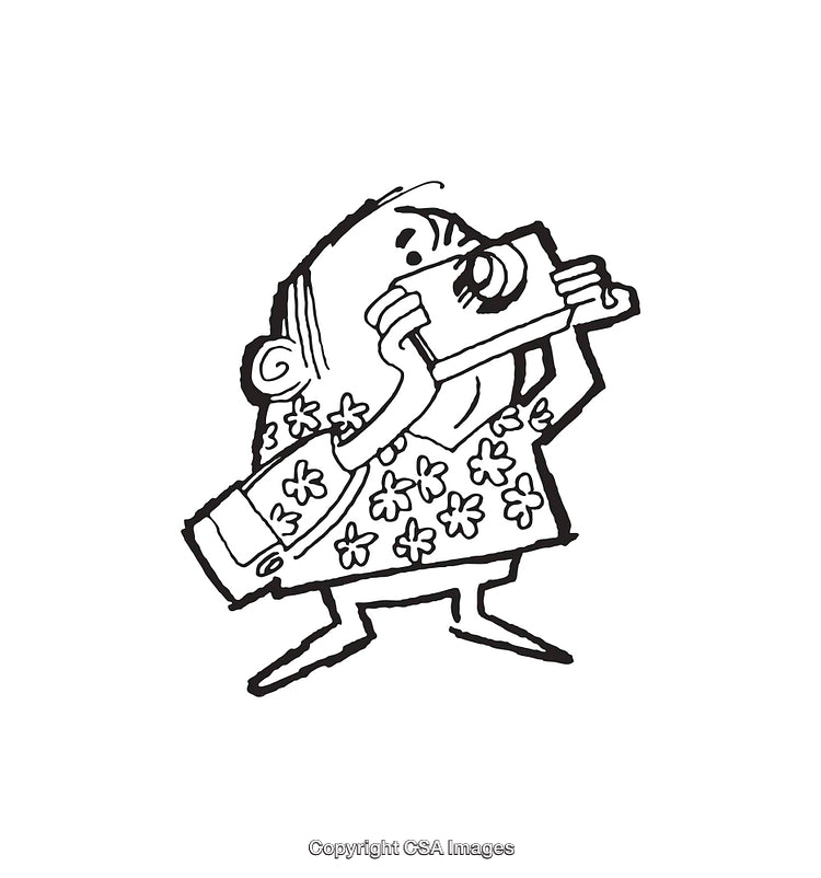 Cartoon Tourist Holding a Camera and Capturing Photos in Black and White