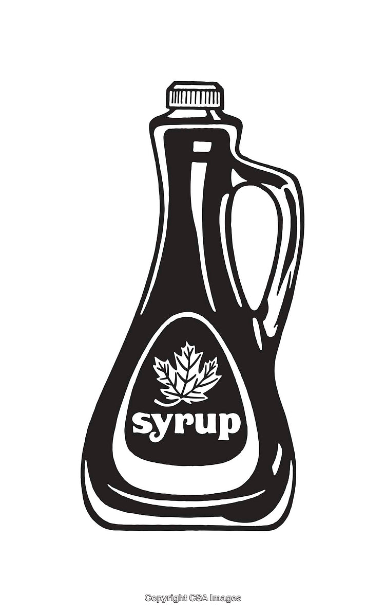 Black and White Illustration of a Maple Syrup Bottle with Leaf Emblem