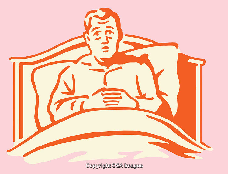 Person Sitting in Bed Rendered in Vintage Colorful Line Art Style