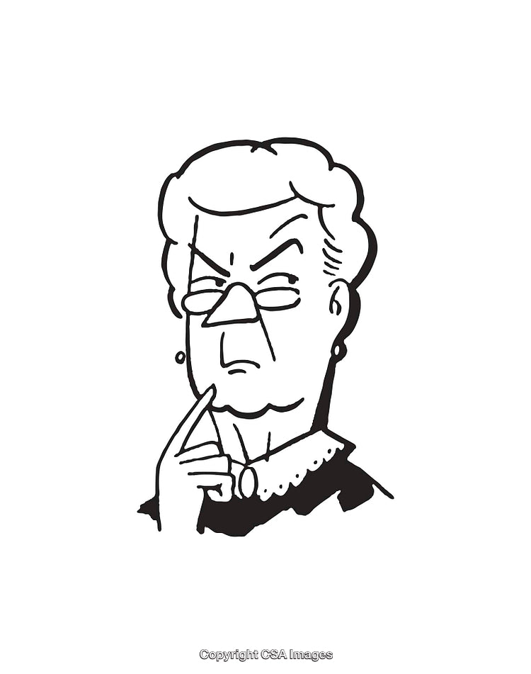 Black and White Illustration of a Thoughtful Elderly Woman