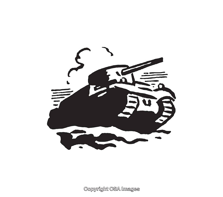 Black and White Line Art of a Military Tank Advancing in Action