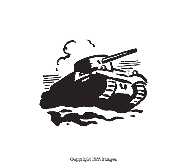 Black and White Line Art of a Military Tank Advancing in Action