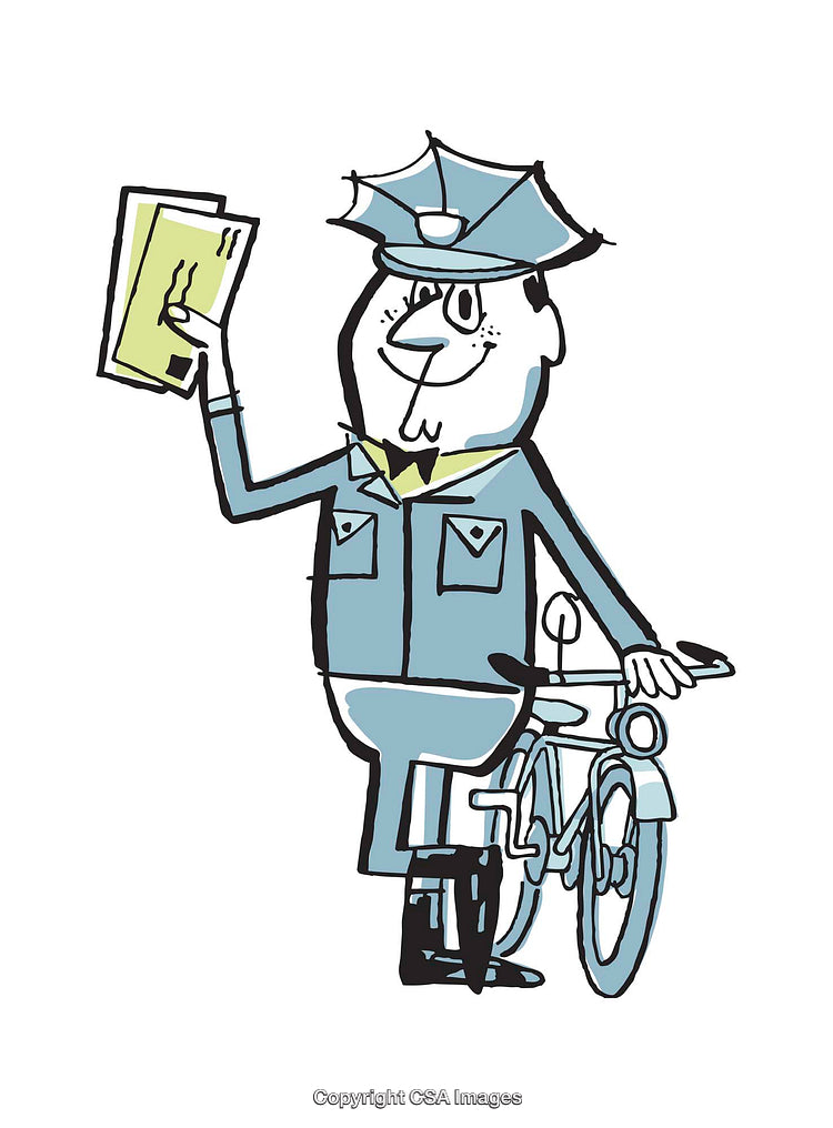 Cartoon Style Police Officer Illustration With Bicycle and Papers in Hand