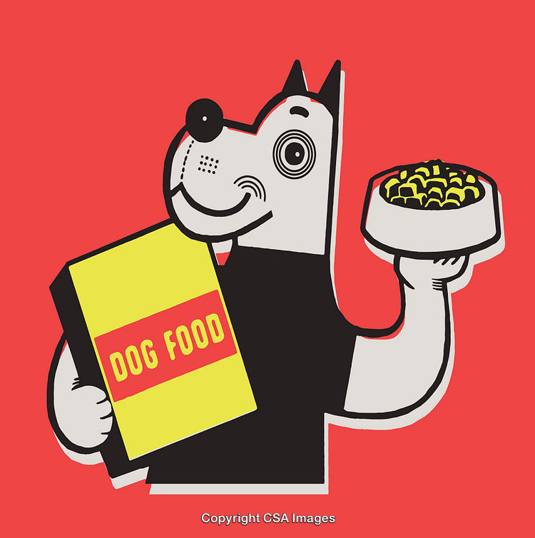 Cheerful Dog Cartoon Holding Dog Food Package and Bowl Illustration