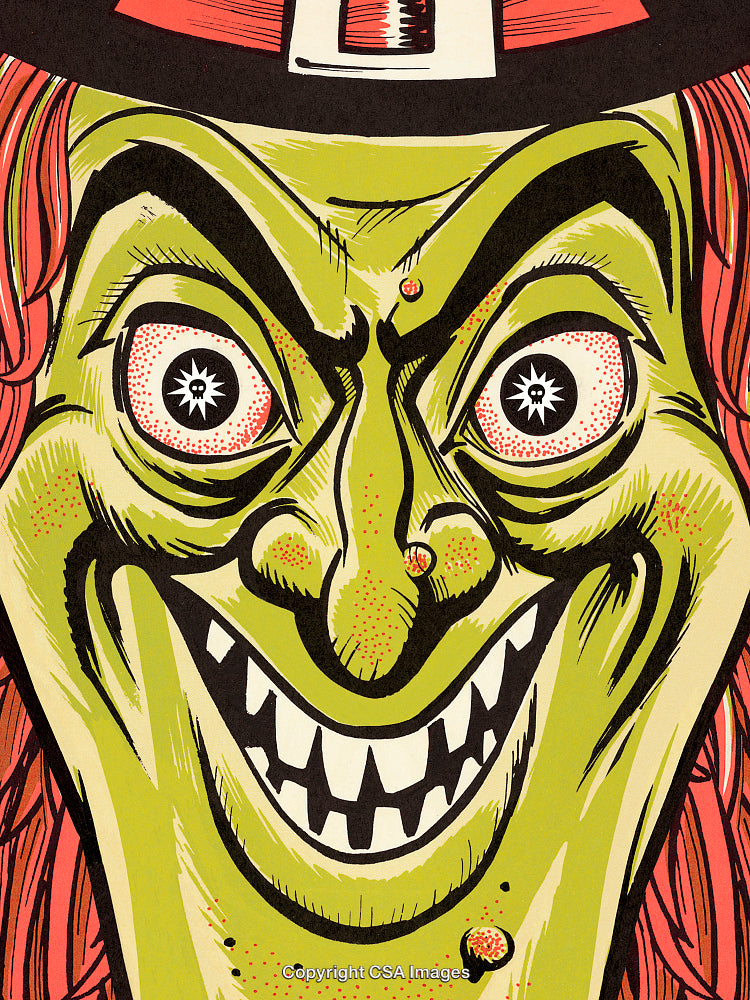 Colorful Illustration of a Spooky Grinning Witch with Dramatic Features
