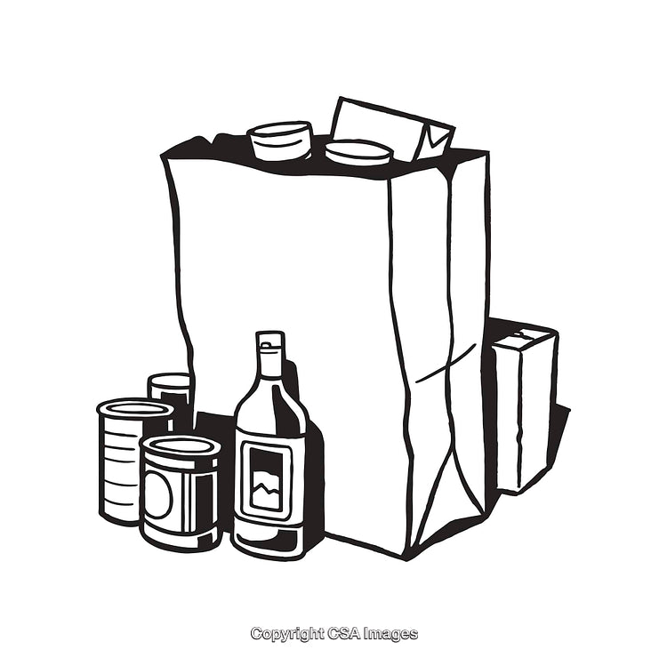 Black and White Line Art of Grocery Bag with Various Items