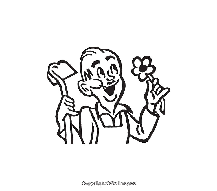 Smiling Gardener Holding Tools and Flower in Line Art Illustration Style