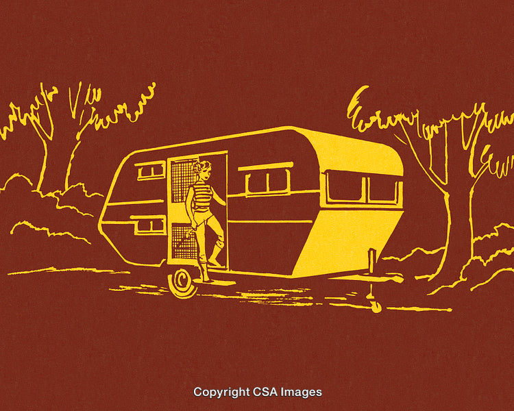 Vintage Illustration of Camper Trailer in Outdoor Natural Setting